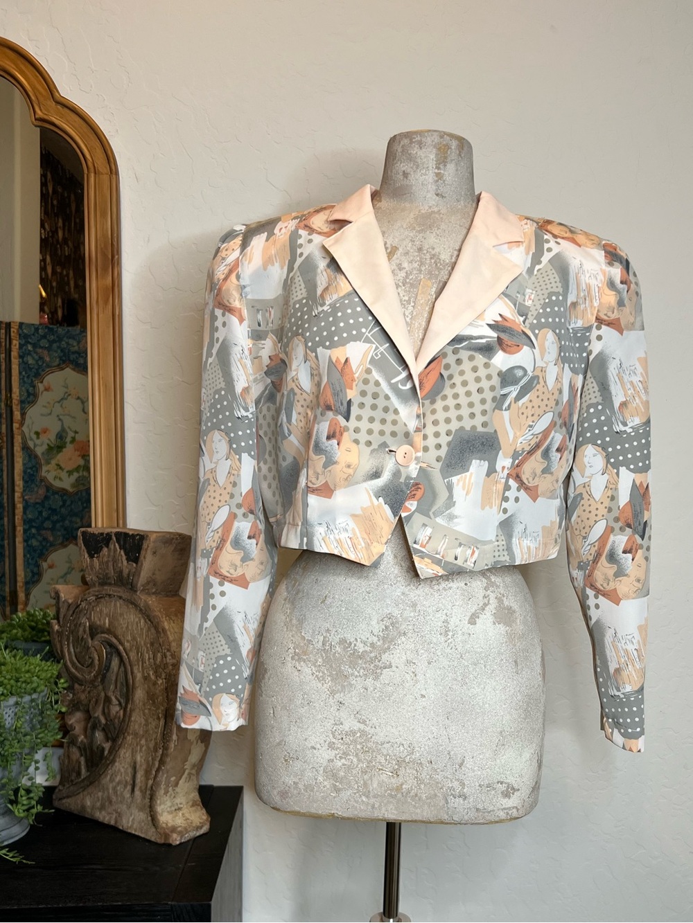 Vintage Cropped Printed Blazer in Peach and Gray (Item #60)